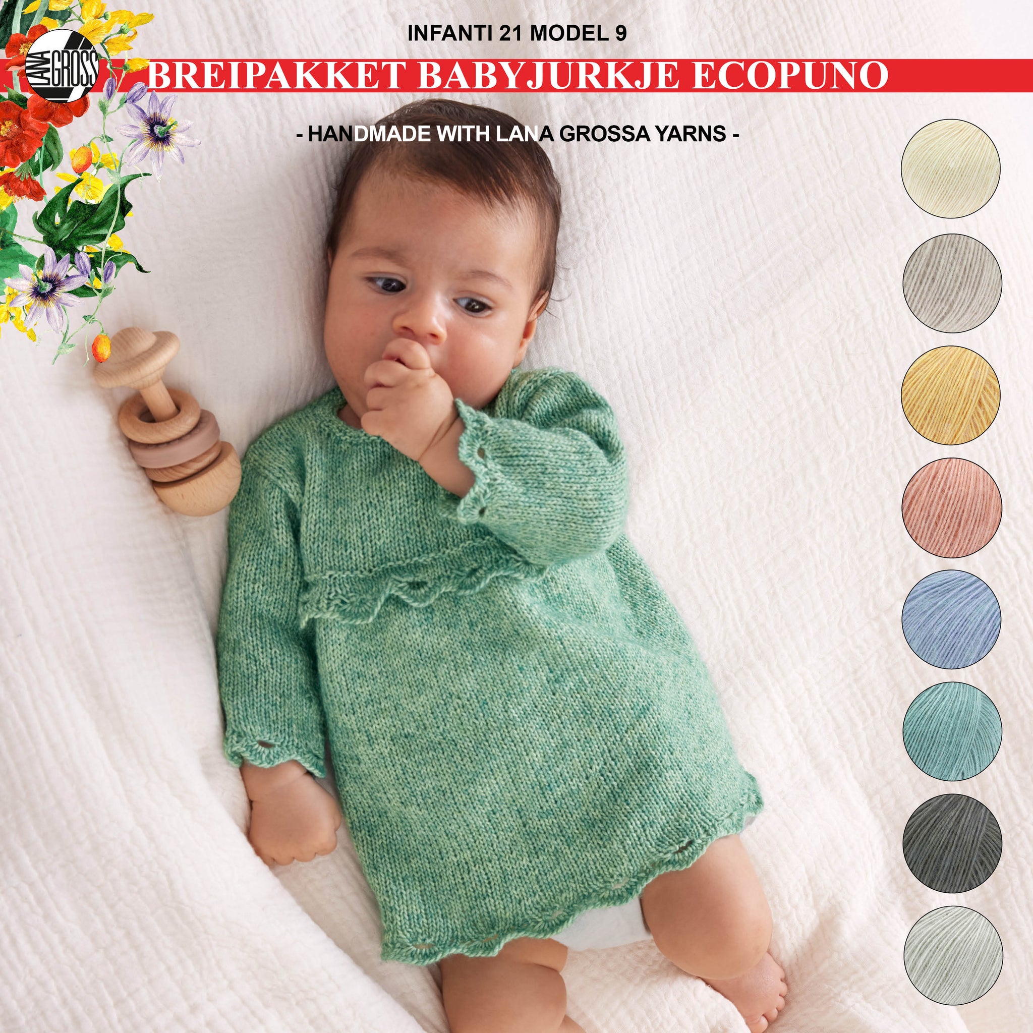 Breipakket babyjurkje met Ecopuno garen model 9 van Infanti 21