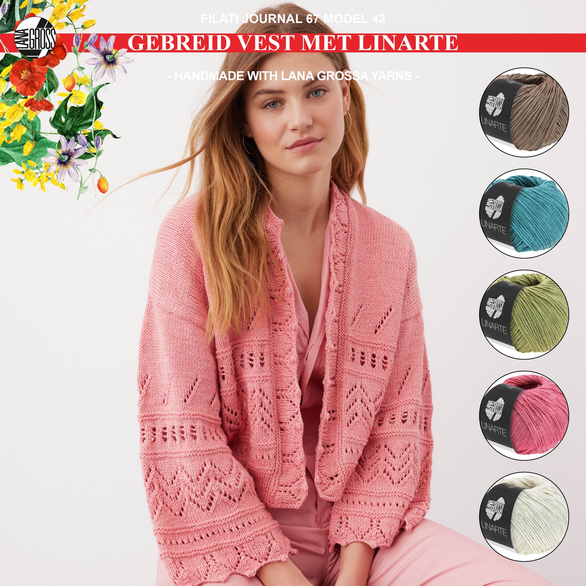 Breipakket vest met Linarte-garen model 42 van Filati Journal 67