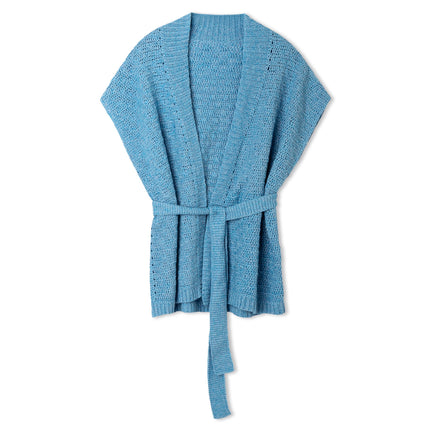 Garenkunst.nl, Haakpakket zomervest met Ecopuno Model 15 uit magazine Häkeln 09 van Lana Grossa. Elegant, zacht en moeiteloos stijlvol: dit zomervest met ceintuur is een verfijnd haakproject met een luxe uitstraling. Foto toont gehaakt mouwloos vest in turquoiseblau kleur 29, deze kleur wordt niet aangeboden in assortiment.