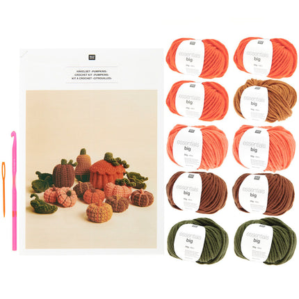 Inhoud haakpakket Pompoenen Rico Design: patroon, haaknaald, naainaald en 10 bollen Essentials Big garen, Garenkunst.nl