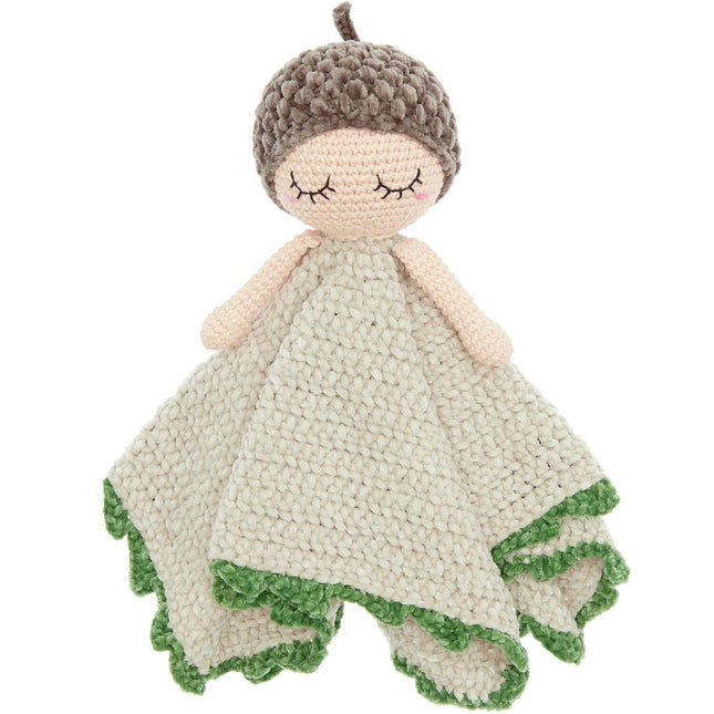 Gehaakt knuffeldoekje Eikeltje Ricorumi Baby Blankies, beige met groene rand