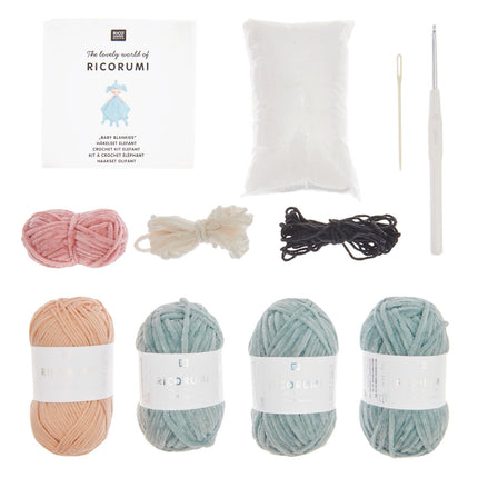Inhoud haakpakket Baby Blankies Olifant: garen, vulwatte, haak- en naainaald, Ricorumi Rico Design