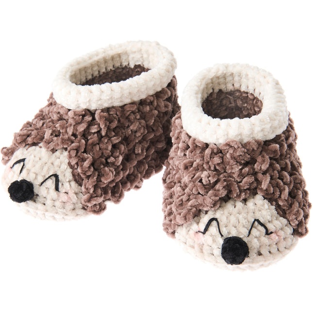 Gehaakte babyschoentjes Egel Ricorumi Baby Booties, bruin met crème gezichtje
