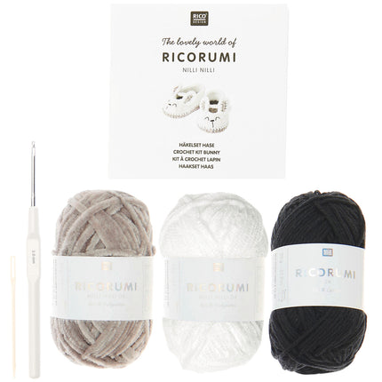 Inhoud haakpakket Baby Booties Haasje: garen, haak- en naainaald, Ricorumi Rico Design