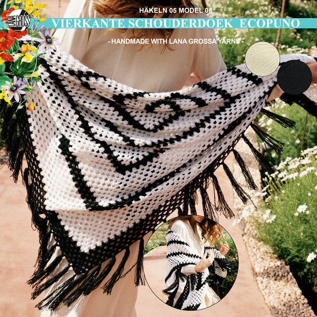 Haakpakket vierkante schouderdoek met Ecopuno garen model 5 Häkeln 5
