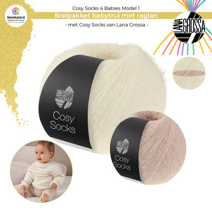 Breipakket babytrui met raglan – Model 1 – Cosy Socks 4 Babies | Lana Grossa