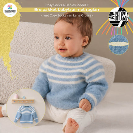 Duifblauw + Wit: Breipakket babytrui met raglan model 1 Cosy Socks 4 Babies van Lana Grossa in duifblauw met wit