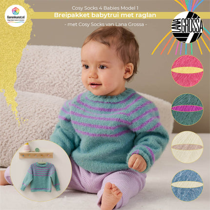 Breipakket babytrui met raglan model 1 Cosy Socks 4 Babies van Lana Grossa, beschikbaar in meerdere kleurcombinaties