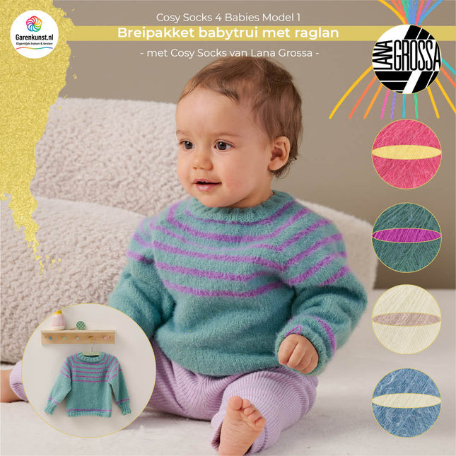Breipakket babytrui met raglan model 1 Cosy Socks 4 Babies van Lana Grossa, beschikbaar in meerdere kleurcombinaties