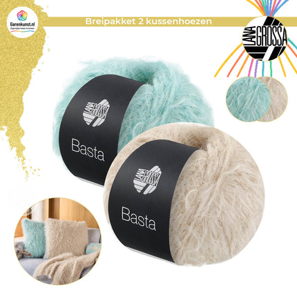 Garen bolletjes Breipakket twee kussenhoezen Basta van Lana Grossa bij Garenkunst.nl, Model 01 uit Home 77, Verborgen Parel, voorbeeldcombinatie