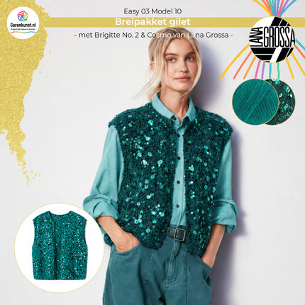 Breipakket gilet Brigitte No. 2 & Cosmo kleur Blauwgroen & Opaalgroen van Lana Grossa bij Garenkunst.nl
