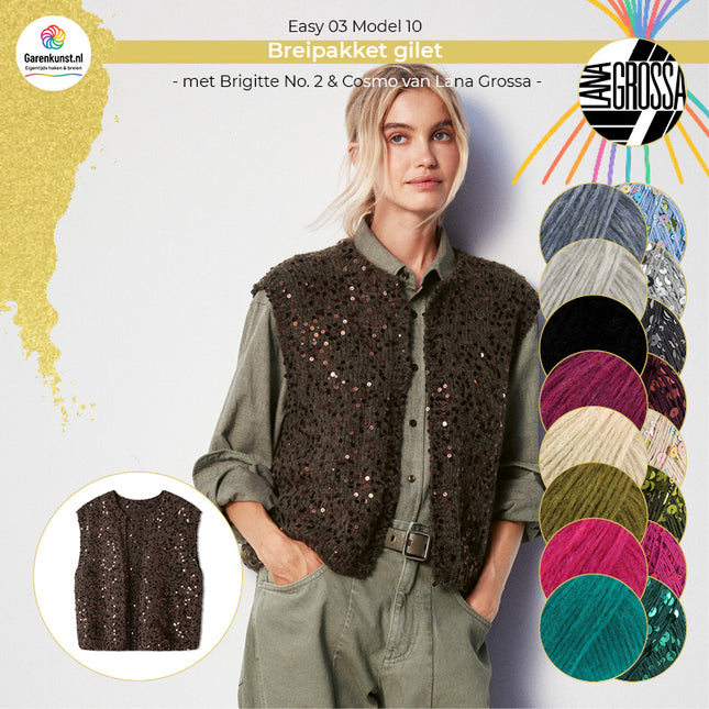 Breipakket gilet Brigitte No. 2 & Cosmo met alle beschikbare kleurcombinaties van Lana Grossa bij Garenkunst.nl, Model 10 uit Easy 03