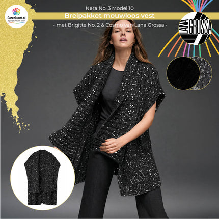 Brigitte No. 2 kleur Zwart en Cosmo kleur Donkergrijs garen voor mouwloos vest Model 10 Nera No. 3