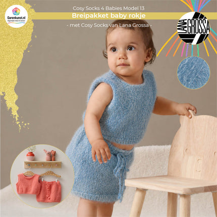 Breipakket babyrokje model 13 Cosy Socks 4 Babies van Lana Grossa in duifblauw