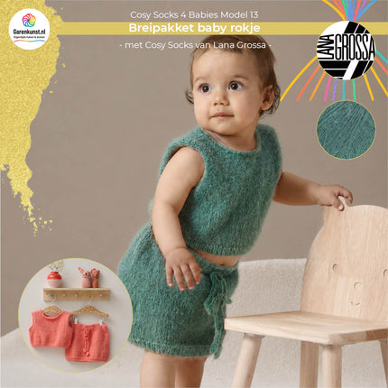 Breipakket babyrokje model 13 Cosy Socks 4 Babies van Lana Grossa in saliegroen