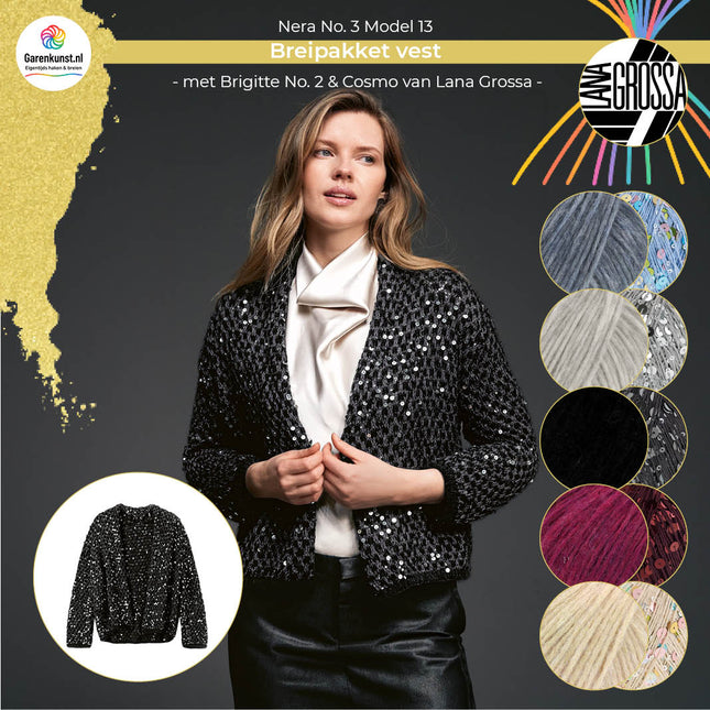 Breipakket vest Brigitte No. 2 & Cosmo van Lana Grossa bij Garenkunst.nl, Model 13 uit Nera No. 3, met alle beschikbare kleuropties