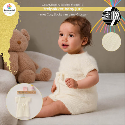 Breipakket babyjurk model 14 Cosy Socks 4 Babies van Lana Grossa in wit