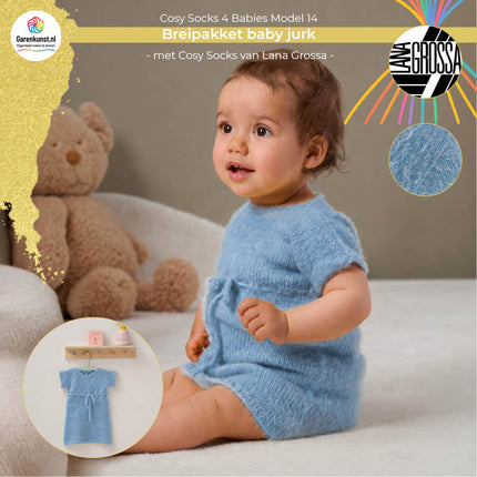 Breipakket babyjurk model 14 Cosy Socks 4 Babies van Lana Grossa in duifblauw