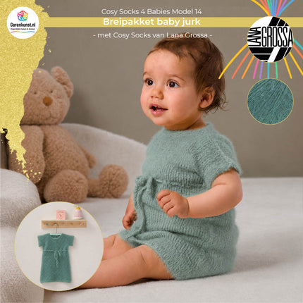 Breipakket babyjurk model 14 Cosy Socks 4 Babies van Lana Grossa in saliegroen