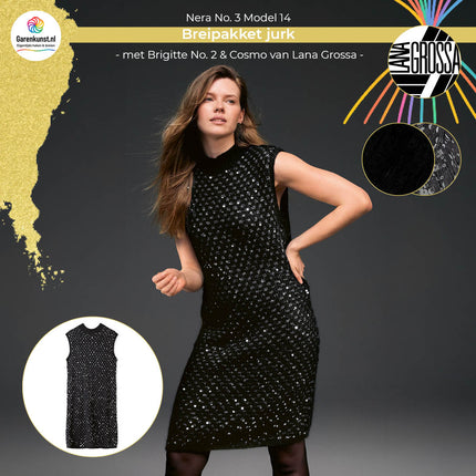 Brigitte No. 2 kleur Zwart en Cosmo kleur Donkergrijs garen voor jurk Model 14 Nera No. 3