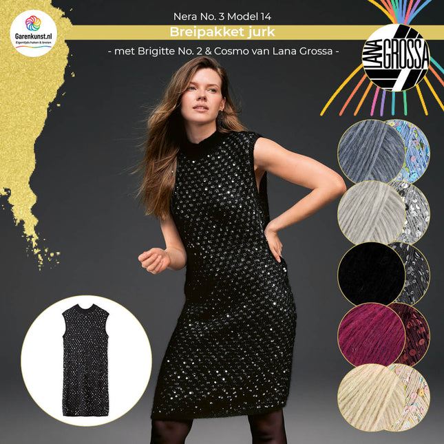 Breipakket jurk Brigitte No. 2 & Cosmo van Lana Grossa bij Garenkunst.nl, Model 14 uit Nera No. 3, met alle beschikbare kleuropties