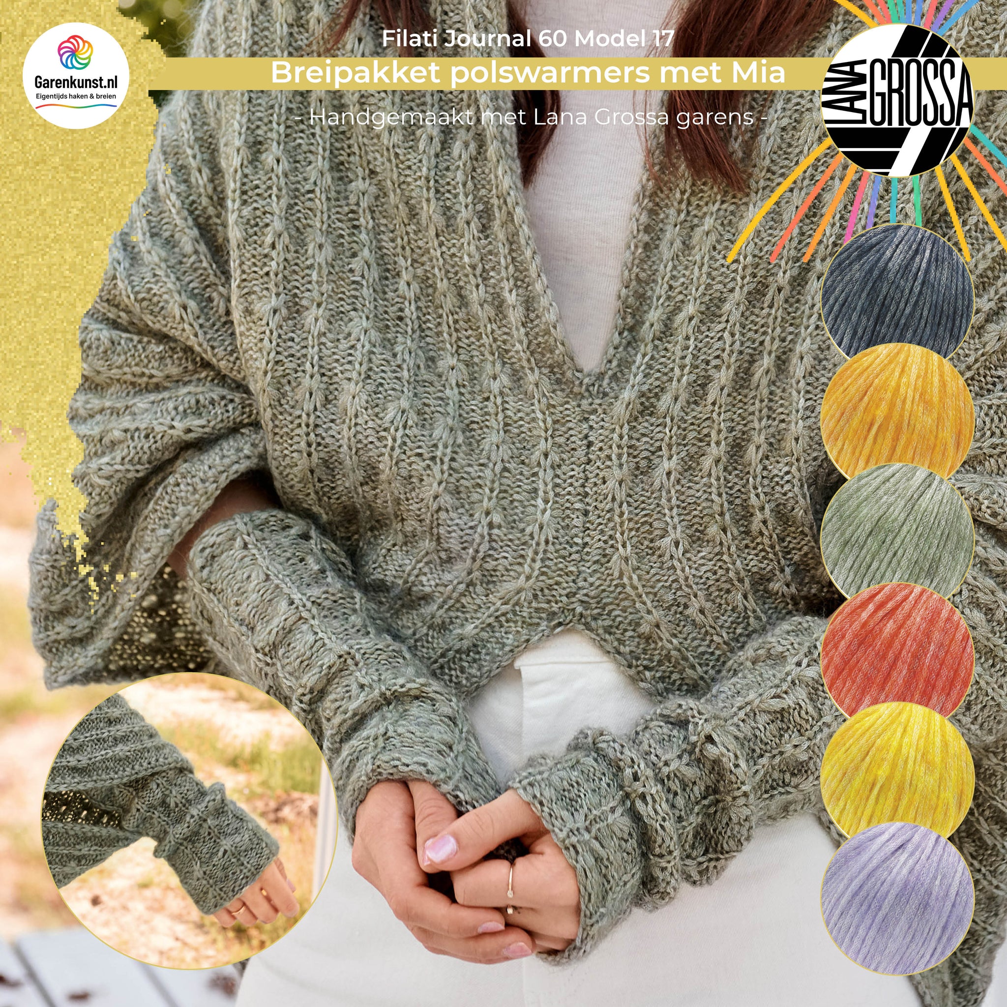 Breipakket polswarmers met Mia Garen model 17 uit Filati Journal 60