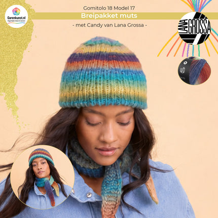 Candy breipakket gestreepte muts kleur Camel-mintmix (4) van Lana Grossa bij Garenkunst.nl