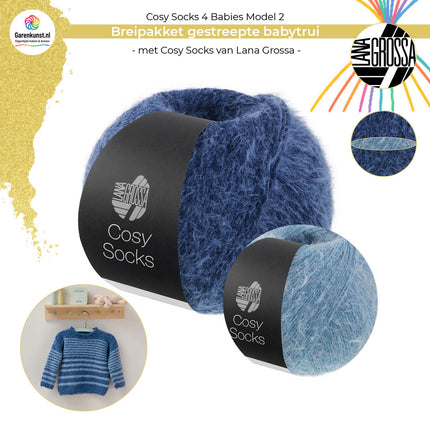 Breipakket gestreepte babytrui model 2 Cosy Socks 4 Babies van Lana Grossa in donkerblauw met duifblauw met bolletjes garen
