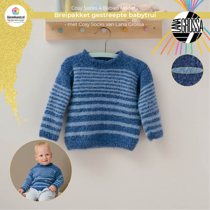 Breipakket gestreepte babytrui model 2 Cosy Socks 4 Babies van Lana Grossa in donkerblauw met duifblauw zoals voorbeeldfoto