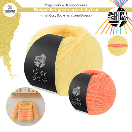 Breipakket gestreepte babytrui model 2 Cosy Socks 4 Babies van Lana Grossa in geel met zalm met bolletjes garen