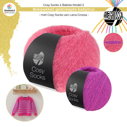 Breipakket gestreepte babytrui model 2 Cosy Socks 4 Babies van Lana Grossa in roze met fuchsia met bolletjes garen