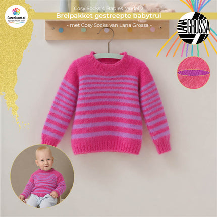 Breipakket gestreepte babytrui model 2 Cosy Socks 4 Babies van Lana Grossa in roze met fuchsia