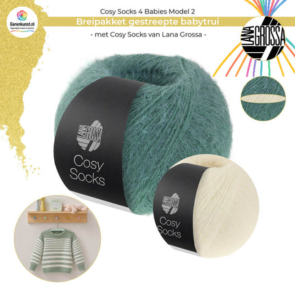 reipakket gestreepte babytrui model 2 Cosy Socks 4 Babies van Lana Grossa in saliegroen met wit met bolletjes garen