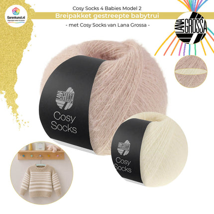 Breipakket gestreepte babytrui model 2 Cosy Socks 4 Babies van Lana Grossa in beige met wit met bolletjes garen