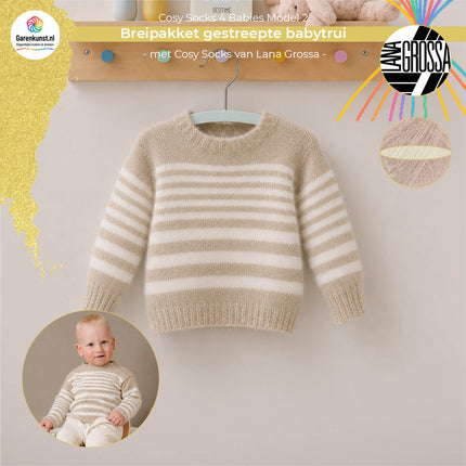 Breipakket gestreepte babytrui model 2 Cosy Socks 4 Babies van Lana Grossa in beige met wit