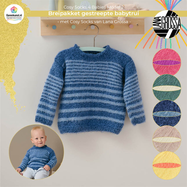 Breipakket gestreepte babytrui model 2 Cosy Socks 4 Babies van Lana Grossa, beschikbaar in meerdere kleurcombinaties