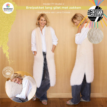 Kleur Lichtbeige (2): Breipakket lang gilet met zakken Basta kleur lichtbeige van Lana Grossa bij Garenkunst.nl, Model 02 uit Home 77