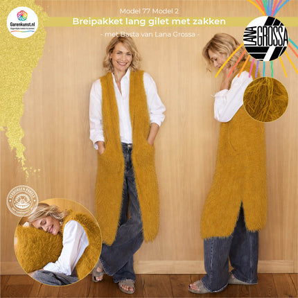 Kleur Mosterdgeel (12): Breipakket lang gilet met zakken Basta kleur mosterdgeel van Lana Grossa bij Garenkunst.nl, Model 02 uit Home 77