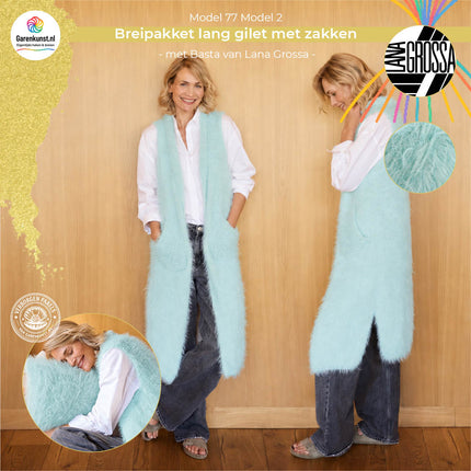 Kleur Lichtblauw (17): Breipakket lang gilet met zakken Basta kleur lichtblauw van Lana Grossa bij Garenkunst.nl, Model 02 uit Home 77