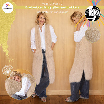 Kleur Beige (3): Breipakket lang gilet met zakken Basta kleur beige van Lana Grossa bij Garenkunst.nl, Model 02 uit Home 77