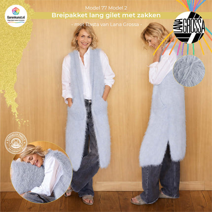 Kleur Zilvergrijs (4): Breipakket lang gilet met zakken Basta kleur zilvergrijs van Lana Grossa bij Garenkunst.nl, Model 02 uit Home 77