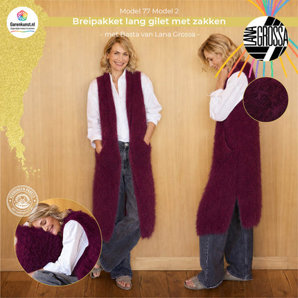 Kleur Burgundy (45): Breipakket lang gilet met zakken Basta kleur burgundy van Lana Grossa bij Garenkunst.nl, Model 02 uit Home 77