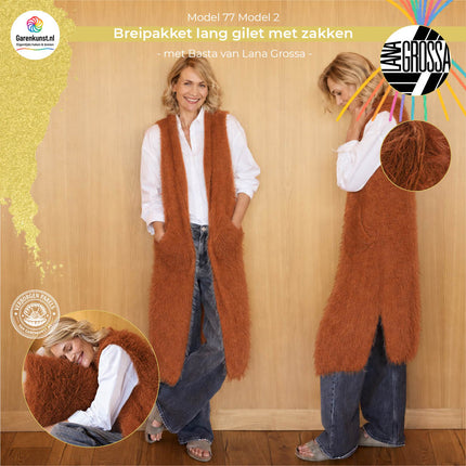 Kleur Mosterdgeel (12): Breipakket lang gilet met zakken Basta kleur roodbruin van Lana Grossa bij Garenkunst.nl, Model 02 uit Home 77