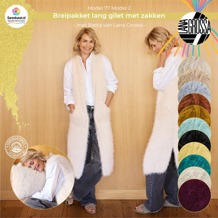Breipakket lang gilet met zakken Basta van Lana Grossa bij Garenkunst.nl, Model 02 uit Home 77, Verborgen Parel, met alle beschikbare kleuropties
