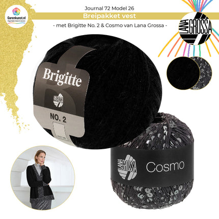 Bolletjes garen combinatie Brigitte No. 2 kleur Zwart en Cosmo kleur Donkergrijs garen voor vest Model 26 Journal 72