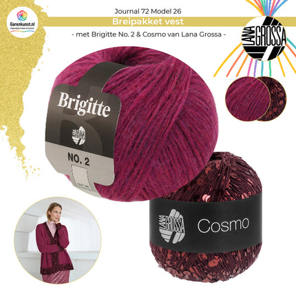 Bolletjes garen combinatie Brigitte No. 2 kleur Bordeaux en Cosmo kleur Bordeaux garen voor vest Model 26 Journal 72