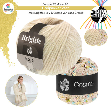 Bolletjes garen combinatie Brigitte No. 2 kleur Zand en Cosmo kleur Beige garen voor vest Model 26 Journal 72