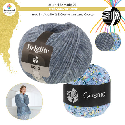 Bolletjes garen combinatie Brigitte No. 2 kleur Jeans en Cosmo kleur Blauw garen voor vest Model 26 Journal 72