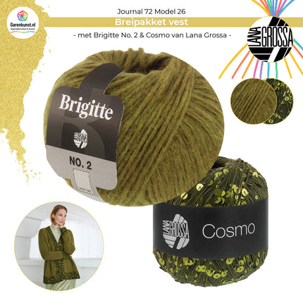 Bolletjes garen combinatie Brigitte No. 2 kleur Olijfgroen en Cosmo kleur Donkerolijf garen voor vest Model 26 Journal 72