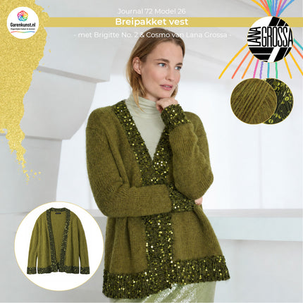 Brigitte No. 2 kleur Olijfgroen en Cosmo kleur Donkerolijf garen voor vest Model 26 Journal 72